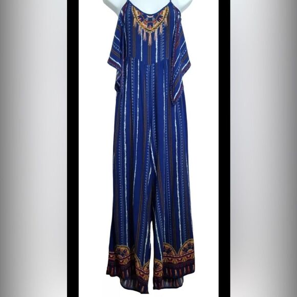 FLYING TOMATO | Blue Striped Boho Open Back Tie Front Jumpsuit Size Medium - Picture 7 of 12